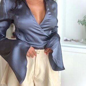 Elegant Gray Satin Wrap Top